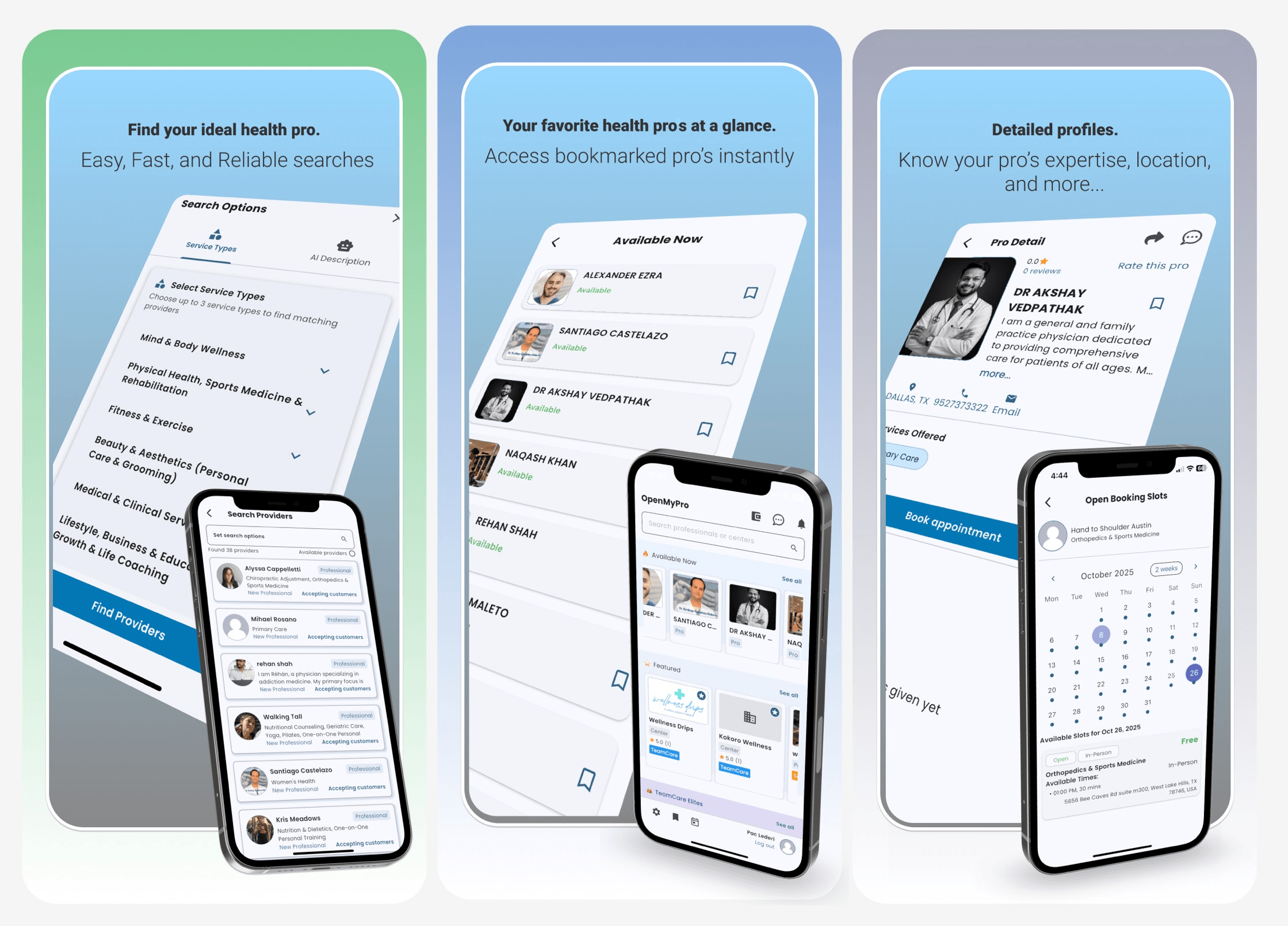 OpenMyPro app interface showing instant practitioner search, bookmarked favorites, and detailed provider profiles for same-day wellness appointments